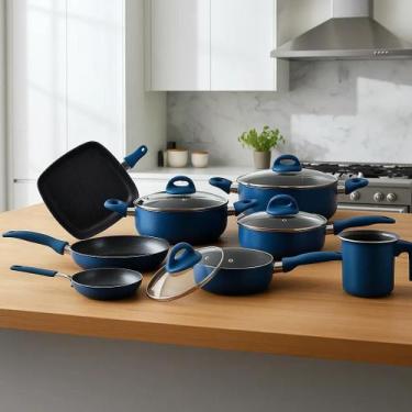 Imagem de Jogo De Panelas 8 Pecas Ibiza Blue Ceramica Antiaderente - Casambiente