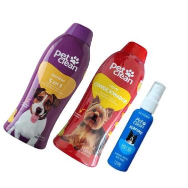 Imagem de Kit Banho Pet Clean Shampoo 5x1 + Condicionador + Perfume Cães Gato Ba