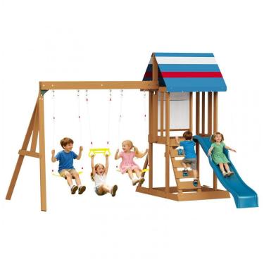Imagem de Conjunto de Balanço de Madeira Infantil Albott Outdoor 6 em 1 Marrom - Teto em Tenda, Escorregador com Onda, 2 Cintos e 1 Barra Trapezoidal