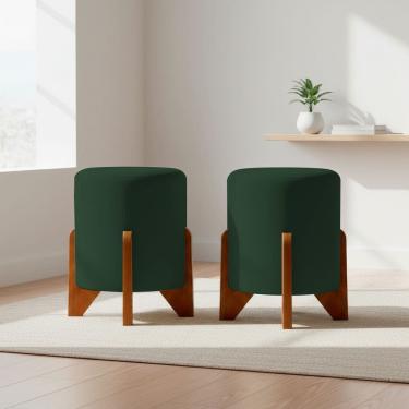 Imagem de Kit 2 Puffs Decorativos Eloah Redondo Assento Extra para Sala Quarto Suede Cores Pufe com Pés de Madeira