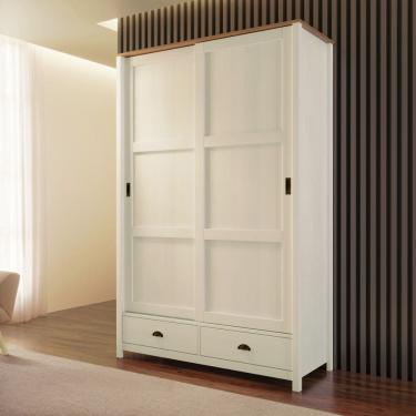 Imagem de Guarda Roupa Solteiro 9178BF Topázio Madeira Maciça 2 Portas Correr 2 Gavetas Branco Freijó Finestra