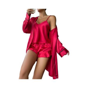 Imagem de Conjunto de Pijama Feminino de Cetim - Manga Longa, Decote V, Shorts e