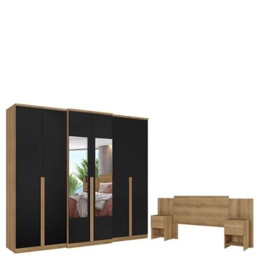 Imagem de Guarda Roupa Casal Valência 6 Portas Glass Capuccino Preto Acetinado e Cabeceira Formosa Capuccino - THB