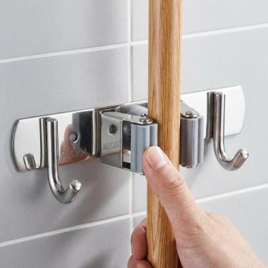 Imagem de Suporte Porta Vassoura Rodo Em Aço Inox Com 2 Ganchos Organizador Lava