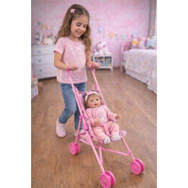 Imagem de Carrinho Boneca Infantil Dobrável Rosa Passeio Bonecas Leve Seguro Men