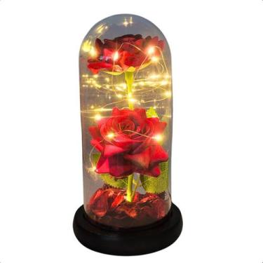 Imagem de Rosa Dupla em Cupula Flor Redoma c/ Led Domo Bela e a Fera G - BolaAzu