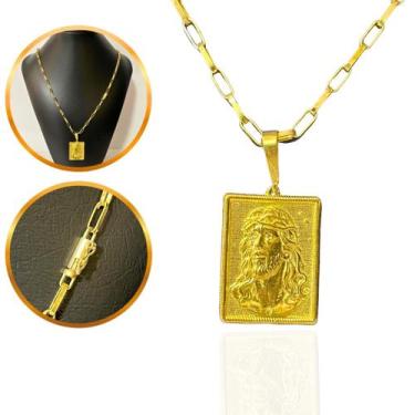 Imagem de Corrente Tijolinho 4mm + Pingente Placa Rosto de Jesus - RTjoias18k