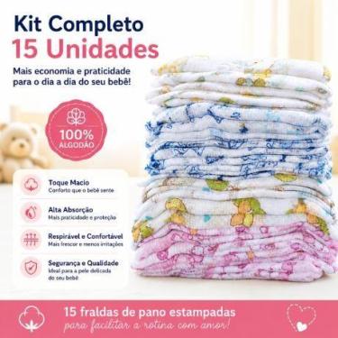 Imagem de Kit com 15 Fralda de Pano Premium Bebê Minasrey Algodão Macia Estampad