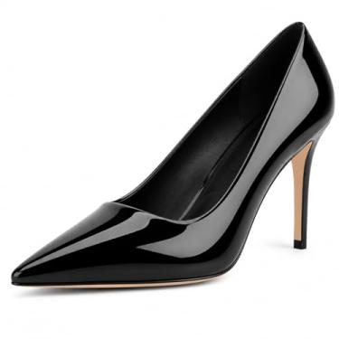 Imagem de heelchic Salto agulha para mulheres, bico fino, salto alto, sem cadarço, bico fechado, sapatos de casamento, Preto, 37