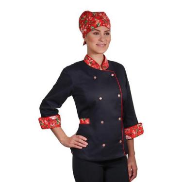 Imagem de Dólmã Feminina Para Chef Cozinha Floral Vermelho Uniforme Acinturado 1