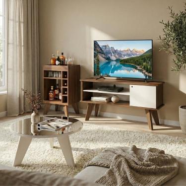 Imagem de Kit Sala de Estar Frank Rack TV 50" 120CM MDF Off White com Nicho e Mini Bar Dkadidecor