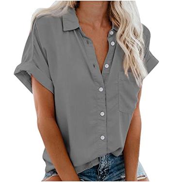 Imagem de Blusa moderna feminina de botão sólido camisa lapela trabalho tops manga curta verão escritório túnicas P-3GG, Cinza, XX-Large