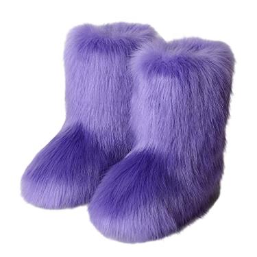 Imagem de TangDao Botas coloridas de pele sintética para mulheres, felpudo, felpudo, bico redondo, camurça, inverno, confortável, pelúcia, quente, curto, botas de neve, botas de cano médio para ambientes externos e internos, Roxo claro, 9