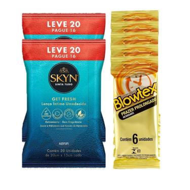 Imagem de Kit Preservativo Blowtex Retardante c/ 30 Uni. + Lenços Umedecidos Skyn 40 un.