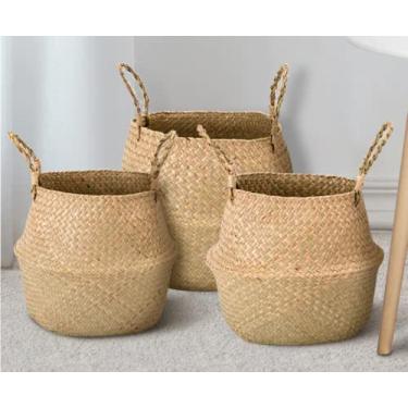 Imagem de Cesta de Palha (vime/rattan/seagrass) para Organização, Roupas ou Plantas (vaso), dobrável, com alças - GG