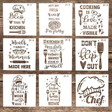 Imagem de Modelo de estêncil de carta de cozinha reutilizável DIY para artesanato DIY pintura de raspar em bolo, madeira, tela, piso, parede, azulejo (5,9 x 5,9 polegadas), conjunto de 9