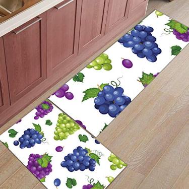 Imagem de Tapete de corredor de cozinha, roxo e verde uva desenho de fruta antiderrapante tapete de porta tapete tapete para lavanderia quarto banheiro conjunto de 2
