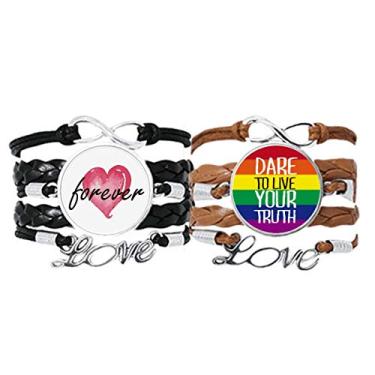 Imagem de DIYthinker Pulseira Live Your Truth LGBT com bandeira do arco-íris, alça de mão, corda de couro, conjunto duplo
