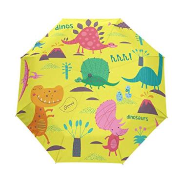 Imagem de Guarda-chuva de viagem automático à prova de vento dobrável lindos dinossauros em amarelo