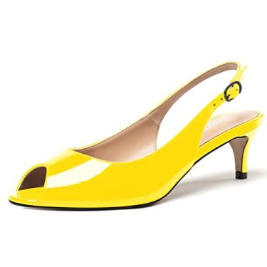 Imagem de WAYDERNS Sapatos femininos Peep Toe de couro envernizado com tira no tornozelo e salto baixo para mulheres bonitos sapatos sociais 5 cm, Amarelo, 11.5