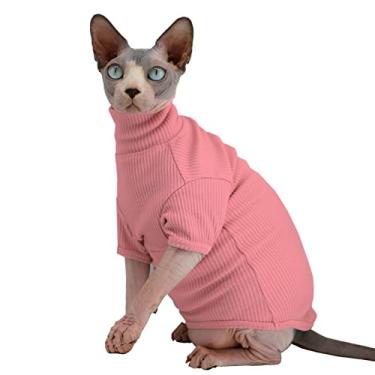 Imagem de Camiseta Sphynx de gatos sem pelos de algodão com gola rolê pulôver gatinho camisetas com mangas pijama de gato macacão para Sphynx Cornish Rex, Devon Rex, Peterbald (XX-Grande (pacote com 1), rosa claro)