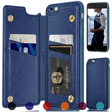 Imagem de XcaseBar Capa carteira para iPhone 6 Plus/6S Plus com bloqueio RFID][4 porta-cartões de crédito], capa protetora de couro PU para celular feminina masculina para Apple 6Plus capa carteira azul