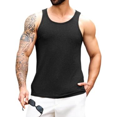 Imagem de Runcati Camiseta regata masculina de malha canelada de algodão sem mangas, verão, praia, treino, muscular, camiseta, Preto, XXG