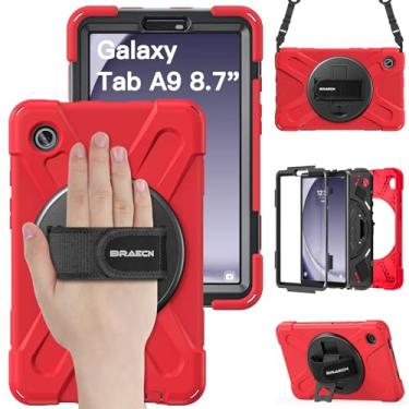 Imagem de BRAECN Capa para Samsung Galaxy Tab A9 2023 2023, capa protetora de silicone resistente com alça de mão giratória 360 e suporte + alça de ombro para tablet Samsung Galaxy A9 - vermelha