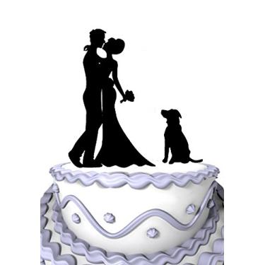 Imagem de Meijiafei Rustic Wedding Bride and Groom Silhouette Casamento Bolo Topper com Cachorro Pet