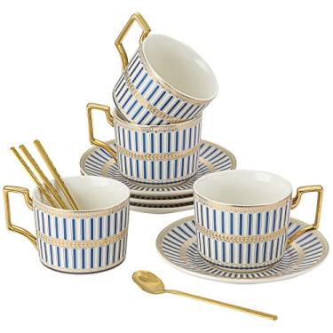 Imagem de CwlwGO - Conjunto de xícaras de café e pires de cerâmica, serviço de xícara de chá e pires de ouro azul British Bone China para 4, caixa de presente, conjunto de chá da China, conjuntos de chá para