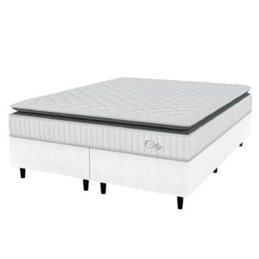 Imagem de Cama Box Colchão Casal Queen Molas Ensacadas City Pillow Top 158x198x61cm Linho Branco/Preto Hellen - Suporta até 110kg por Pessoa