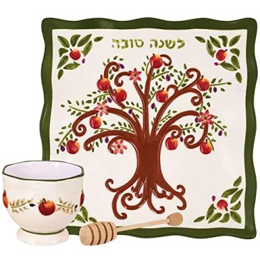 Imagem de Aviv Judaica Prato de mel Rosh Hashaná pintado macieira da vida Shana Tovah com tigela de mel e molho de mel projetado por Jessica Sporn perfeito Rosh Hashunah prato presente de ano novo judaico