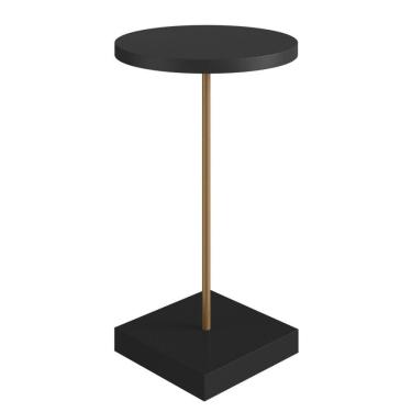Imagem de Mesa Lateral Redonda Artesano 35 cm Larg Tampo e Base MDP Preto c/ Tubo Metálico Aço Carbono Dourado