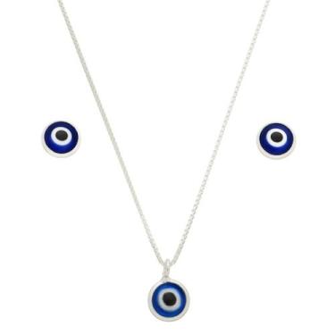 Imagem de Conjunto Colar Brinco Prata 925 Pura Olho Grego Azul kit com garantia 