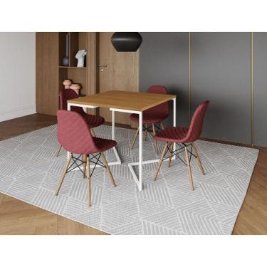 Imagem de Mesa Jantar Industrial Base V Ferro Branco 90cm Quadrada Canela + 4 Ca