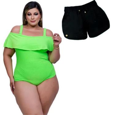 Imagem de Kit Short Feminino Plus Size Saída De Praia + Body Babado Ciganinha - 