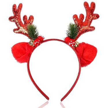 Imagem de Tiara de chifres de rena de Natal com glíter, chifres de alce, árvores de Natal vermelhas, orelhas de árvore de Natal, faixas de cabelo para decoração de Natal para mulheres, 1 peça