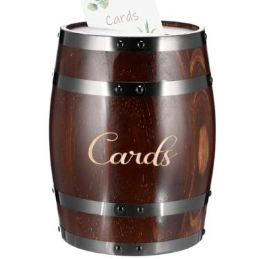 Imagem de Menkxi Caixa de cartão de barril de uísque de carvalho de casamento com compartimento para cartão de presente, porta-cartões de vinho, decorações de mesa para recepção, cerimônia de casamento,