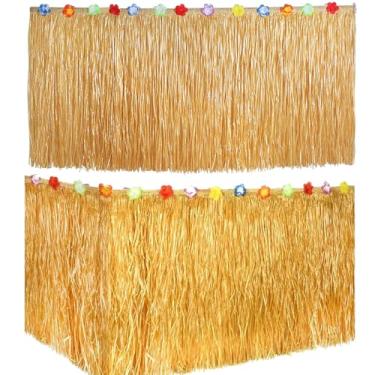 Imagem de Saia de mesa de grama havaiana para festa havaiana tropical luau grama ráfia saia de mesa com franja de grama falsa com flores de hibisco tema de praia Aloha verão aniversário bola suprimentos de