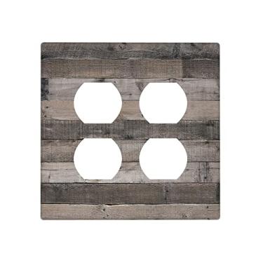 Imagem de Capas de tomada de madeira rústica cinza placa de parede placas decorativas de interruptor de casa de fazenda 2 capas de receptáculo duplo duplo para tomadas elétricas, 11 x 11 cm