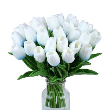 Imagem de SITUMEIZI 15 peças tulipas falsas flores artificiais toque real 14" 15 peças flor de seda para decoração de casa buquê de casamento decorações arranjos florais (azul no branco)