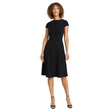 Imagem de Maggy London Vestido feminino evasê midi com mangas cavadas, corpete justo, saia rodada, versátil, Preto, 42