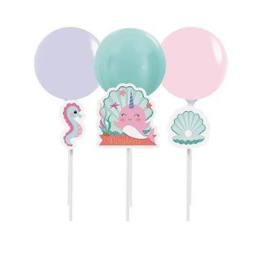 Imagem de Kit Topo de Bolo com Balão - Festa Narval - 01 unidade - Cromus - Rizz