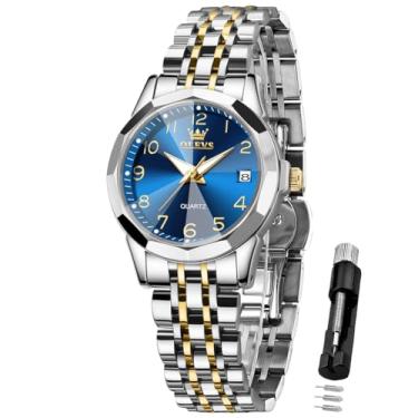 Imagem de OLEVS Relógio feminino clássico número de vestido feminino para mulheres, analógico, quartzo, aço inoxidável, à prova d'água, luminoso, data, dois tons, fácil de ler, relógio de pulso, relógio azul