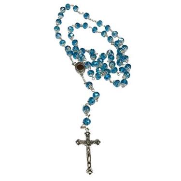 Imagem de Terço de contas de cristal de vidro com crucifixo de prata de solo sagrado (rosa, vermelho, verde, roxo, azul claro, azul escuro, preto, transparente, azul) (azul claro)
