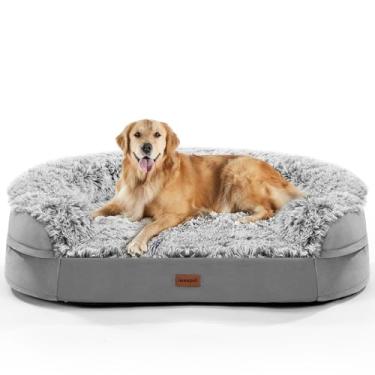 Imagem de Camas ortopédicas espessas de 9,4 cm para cães extra grandes, sofá-cama de suporte para cães com espuma de caixa de ovos 28D, capa lavável removível, forro impermeável, design semi-redondo para