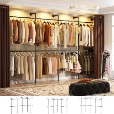 Imagem de Aheaplus Rack de roupas de cano industrial, suporte reversível de 3 m para pendurar roupas, racks resistentes, guarda-roupa montado na parede, sistema de armário em forma de L, preto