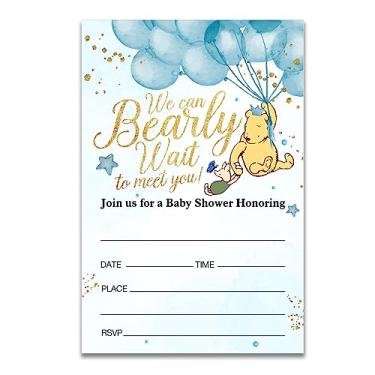 Imagem de Dolimifa Convites para chá de bebê Ursinho Pooh Preencha o estilo Ursinho Pooh Balão azul We Can Bearly Wait Winnie Baby Shower Convites para revelação de gênero, 20 unidades com envelopes