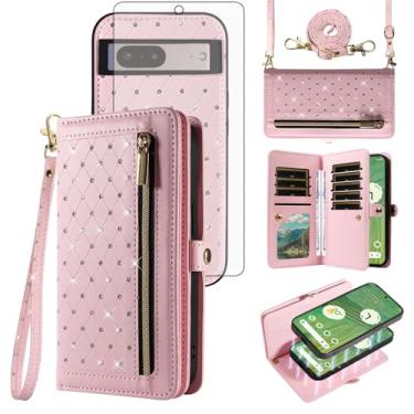 Imagem de Asuwish Capa de celular para Google Pixel 7 5G com zíper carteira destacável com protetor de tela de vidro temperado, alça transversal, suporte para cartão de crédito Pixel7 Pixle Seven 6.3 mulheres