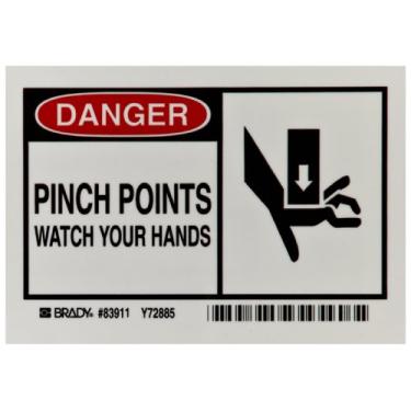 Imagem de Brady 83911 9 cm de altura, 12,7 cm de largura, poliéster de alto desempenho B-302, sinal de alerta de cor preto e vermelho sobre branco, legenda "Perigo, pontos de beliscar, observe suas mãos com